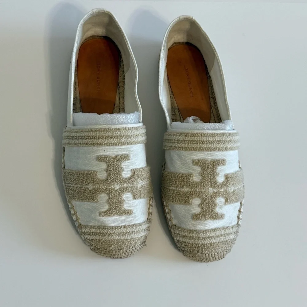 Tory Burch Ines Double T Canvas Espadrilles White Coastal Tan Flat Sz 10 Summer